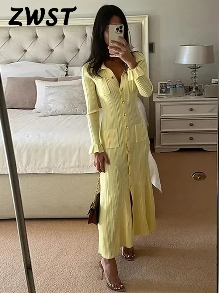 Elegant Knitted Ruffle Long Dress for Women Autumn Yellow Slimming Single Chest Pocket Long Dress Womens Retro Robe 240827