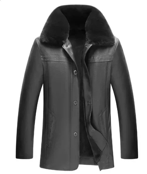 2024 Winter mens thick and fleece warm PU jacket high quality medium length loose solid color gentleman style leather 240828
