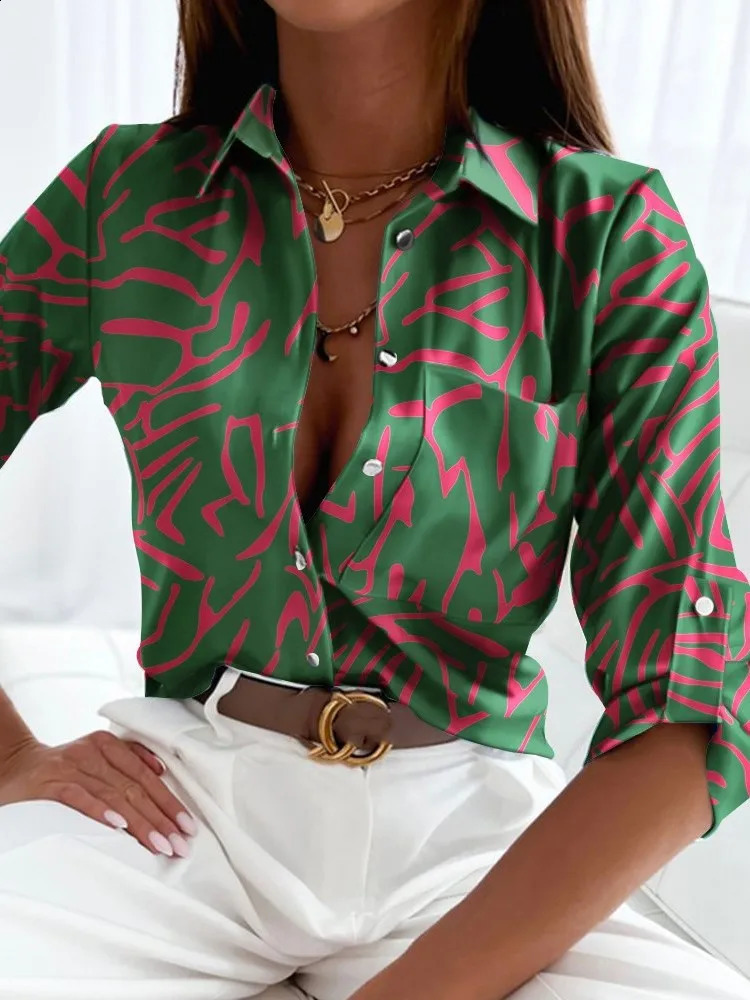 Womens Spring Elegant Collar Top Retro Printed Loose Shirt Autumn Office Womens Fashion Long Sleeve Top 240828