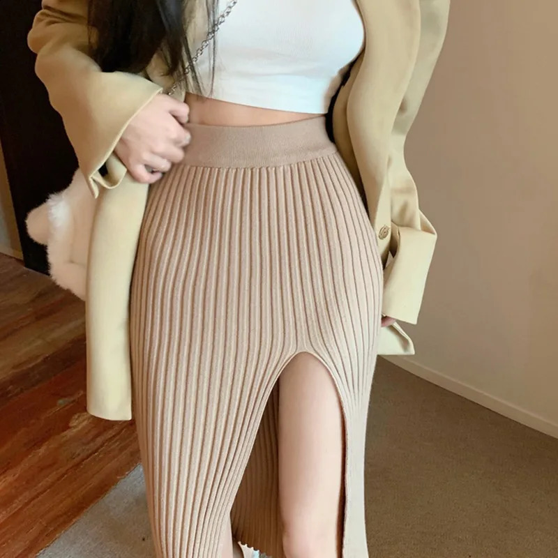 Autumn and winter womens split style snowboard stretch slim slimming knitted sexy high waisted elegant split style colorful work clothes 240828