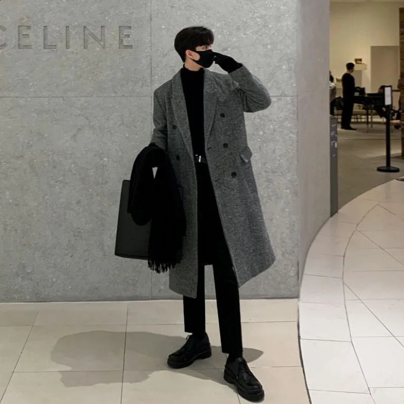 Medium Length Woolen Overcoat Coat Mens Winter Korean Version Loose Casual Thickened Mens Woolen Trench Coat 240827
