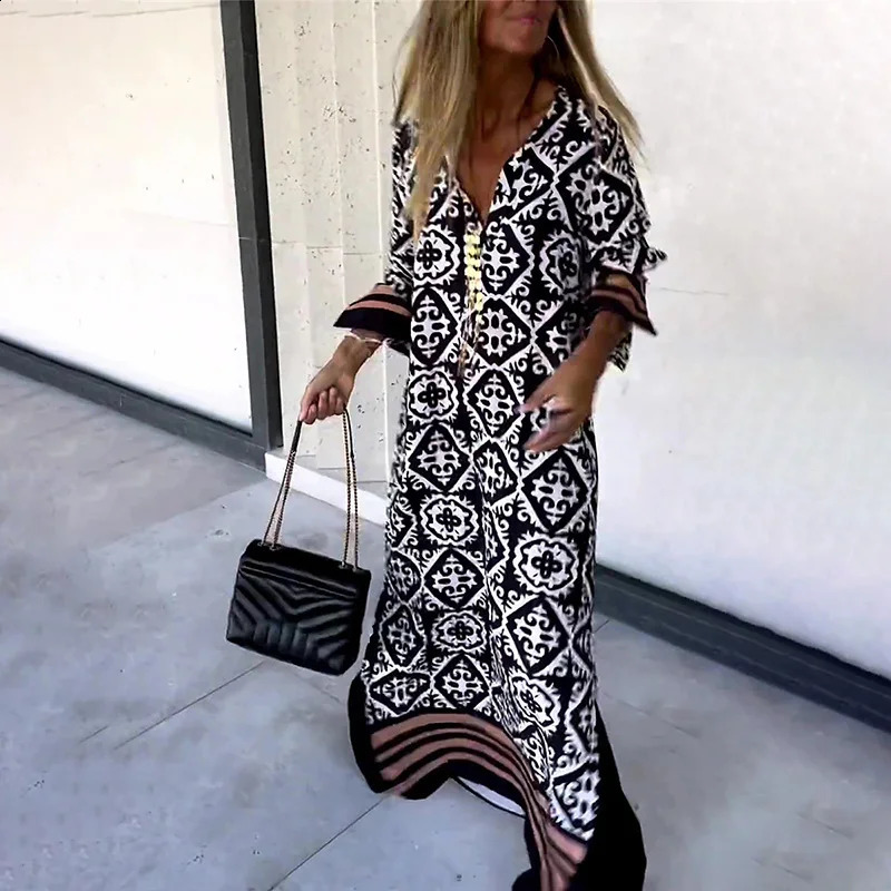 Bohe Elegant Womens Long Dress Spring/Summer V-neck Long Sleeve Retro Graphic Printed Sewing Party Dress Womens Tank Top 240827