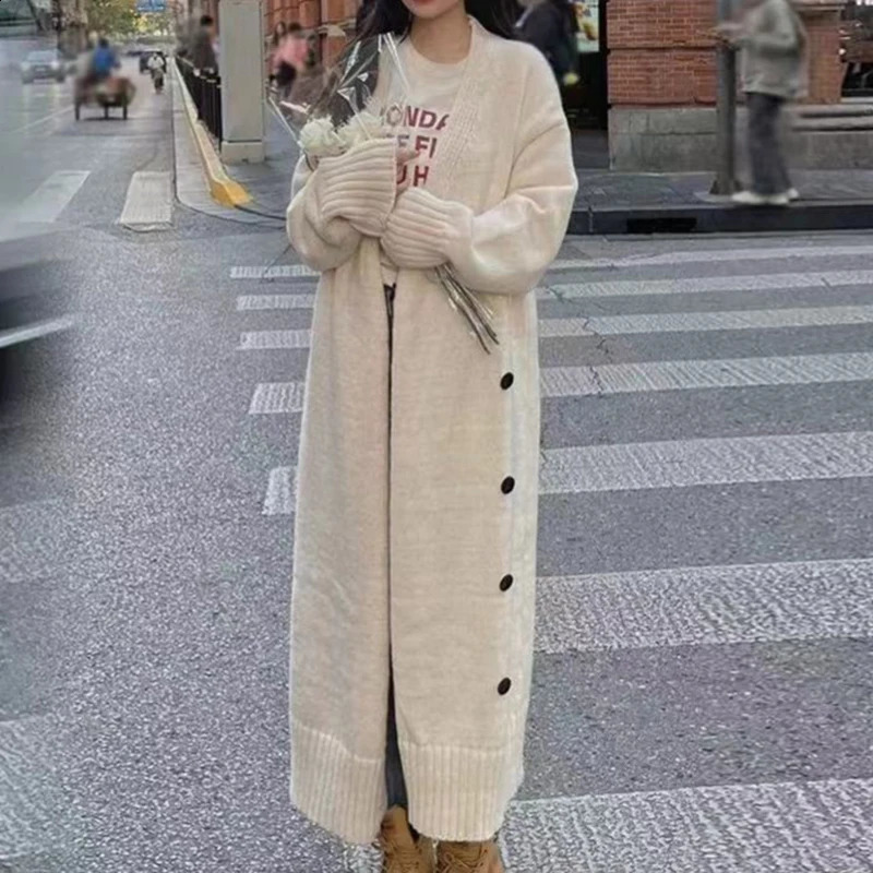 V-neck Long Sleeved Sweater Knit Cardigan Long Coat Casual Solid High Street Autumn Winter Diagonal Buckle Warm Women Clothing 240828
