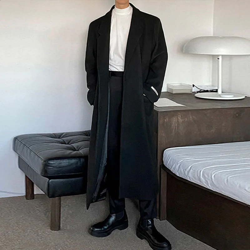 Mens Korean Trendy Gentleman Woolen Coat Long Sleeve Lapel Trench Autumn Winter Thicken Overcoat Clothes 240827