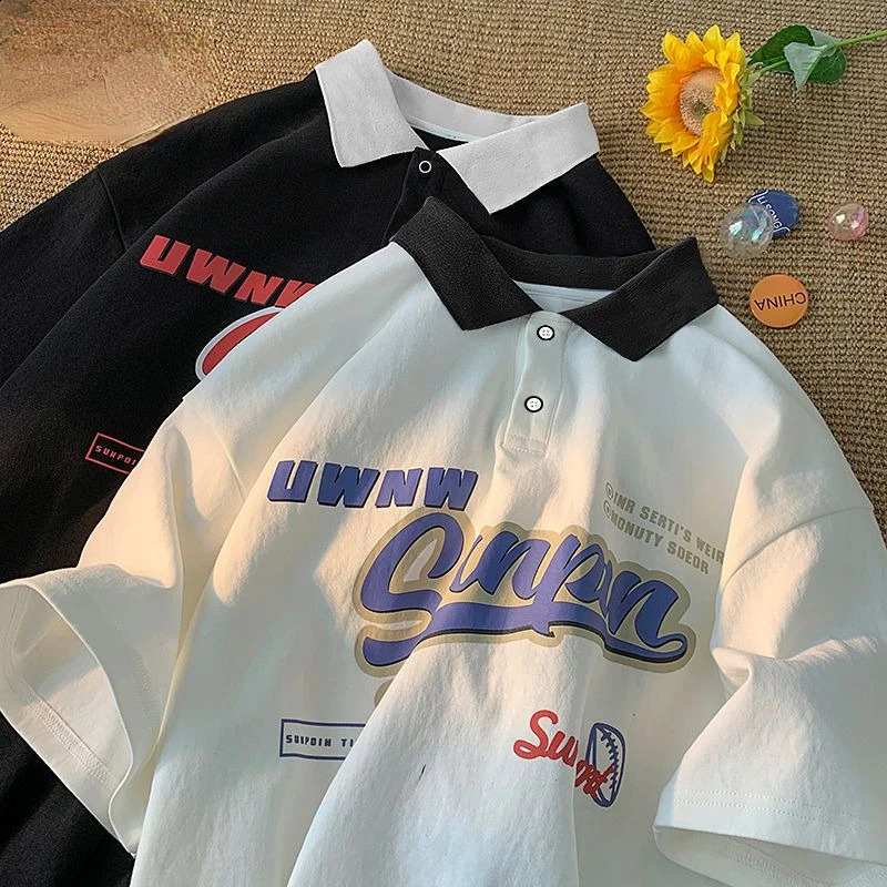 American retro men and women street personality trend polo shirt Couple loose hip-hop casual short sleeved T-shirt harajuku y2k 240828