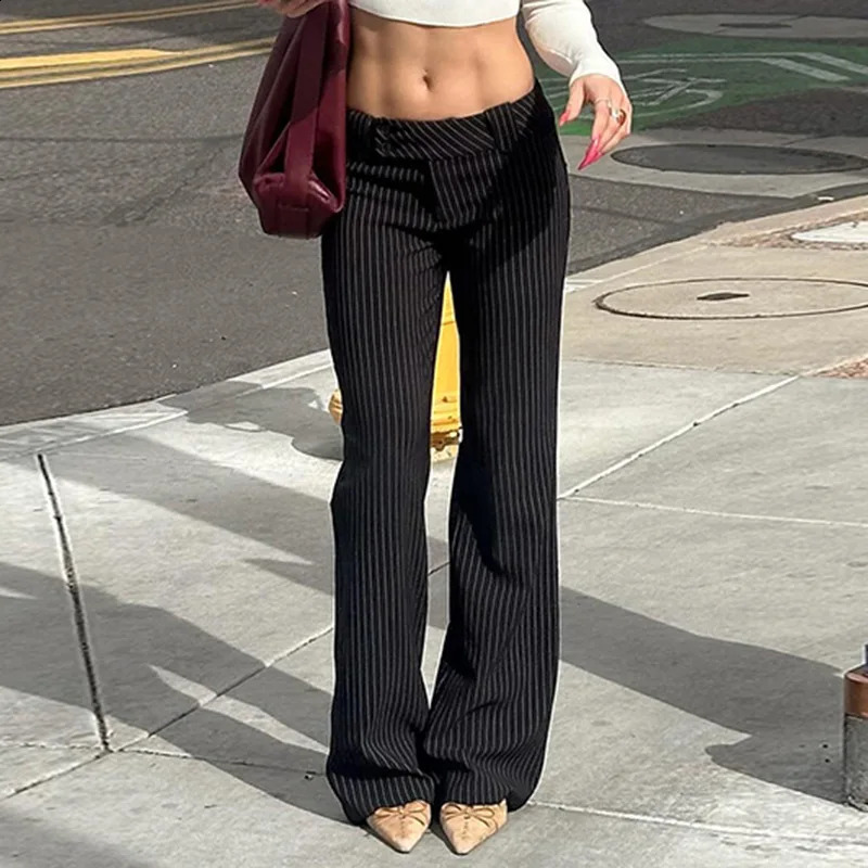 Y2K Streetwear Fashion Black Stripe Women Trousers Low Waisted Chic Elegant Flared Pants Chic Ladies Full Length Outfits 240827