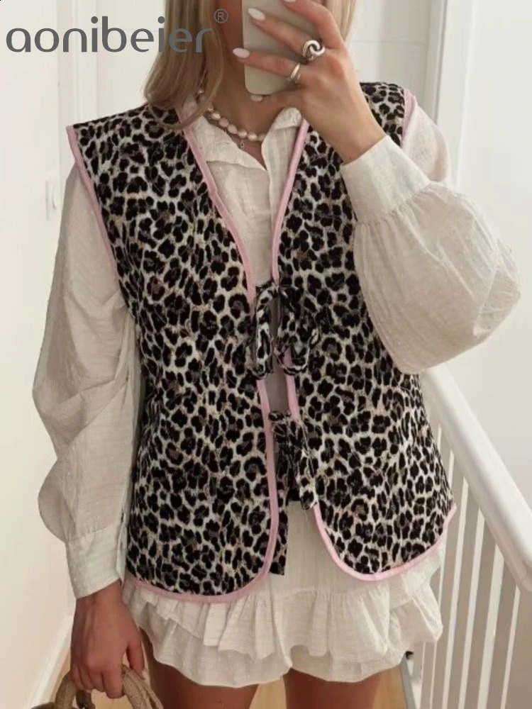 Aonibeier leopard print womens vest sleeveless V-neck tie hollow loose jacket vest womens top Y2K 240827