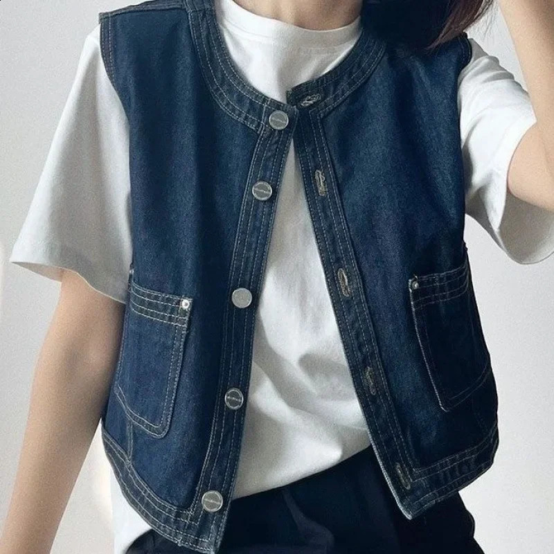 Viette en denim en vrac à la mode Summer coréen Single Breasted décontracté à épaule sans manches gilet 240827