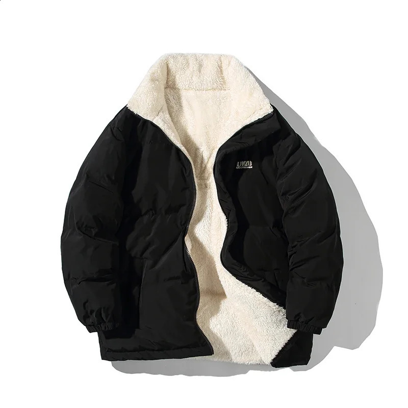 Men Two Sides Lambswool Winter Puffer Jacket 2023 Oversized Vintage Bubble Coat Warm Outwear Fur Parkas 240828