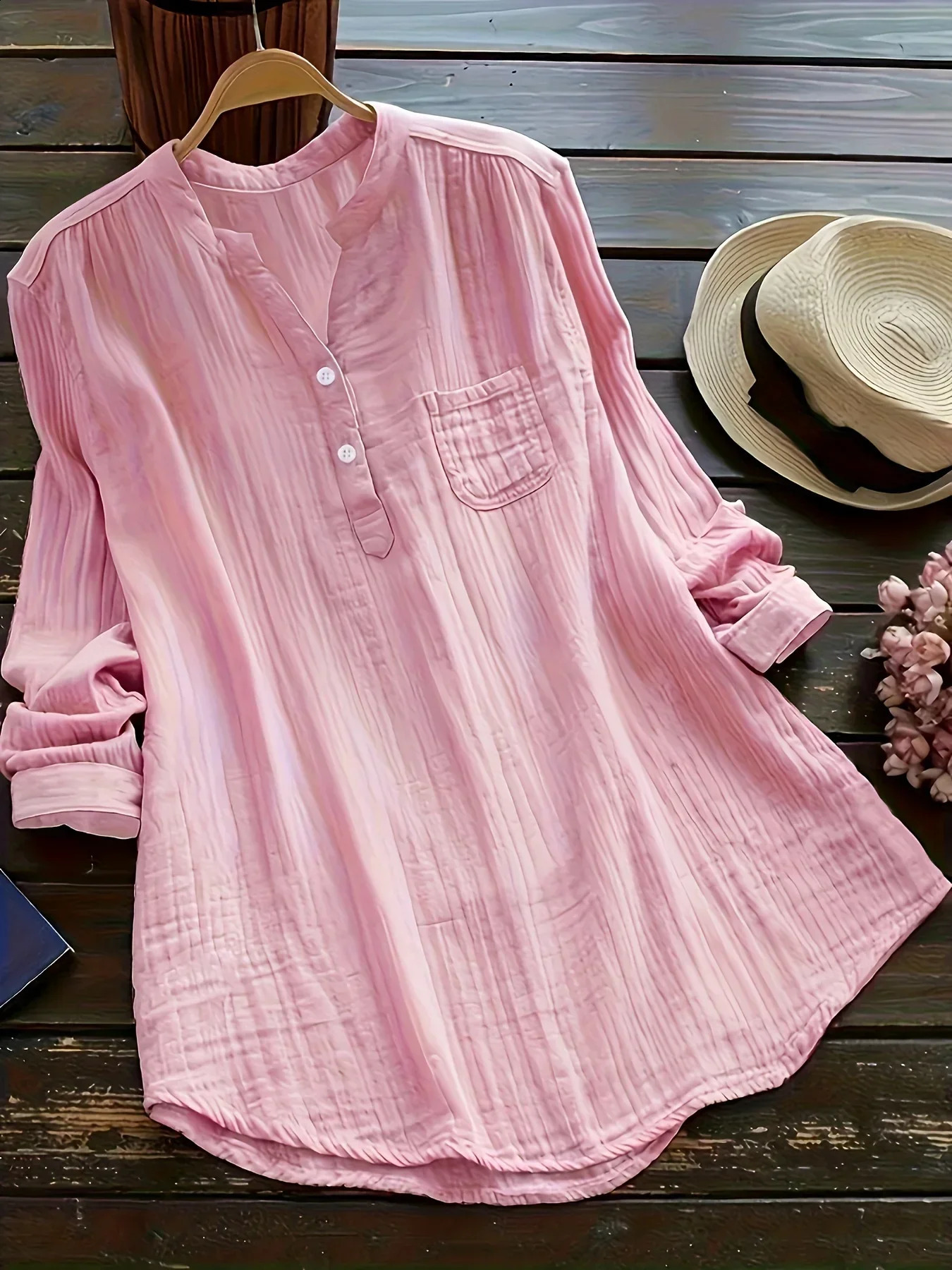 Fashionable womens office V-neck long sleeved shirt with buttons womens plain casual solid color casual long sleeved shirt 240828