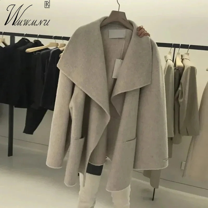 Oversize 145kg n Lapel Wool Blends Coat Thick Unlined Woolen Cardigan Women Korean Fashion Loose Fall Winter Jackets 240826Z