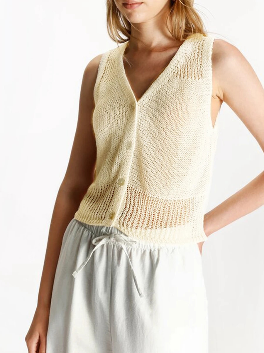Viette tricotée pour femmes à la mode creux sans manches V-cou simple coffre ouvrir un pull d'automne Streetwear Cardigan 240827