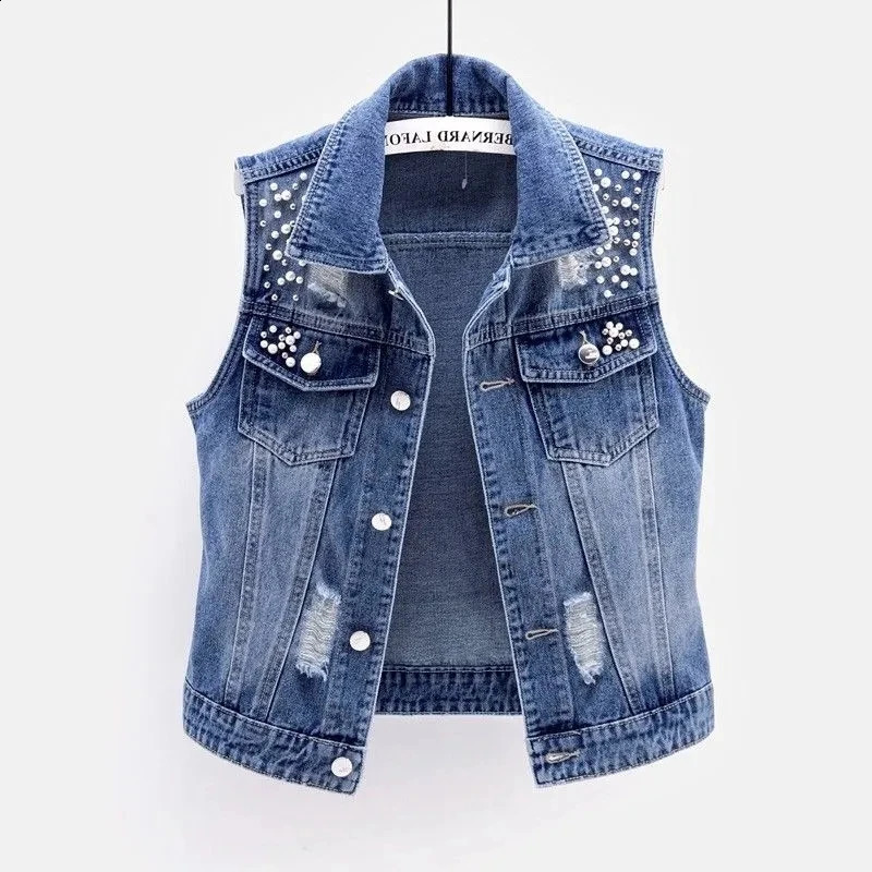 Denim femme vierge perle fashion larme automne veste denim veste sans manches en vrac lâche manteau 5xl 240827