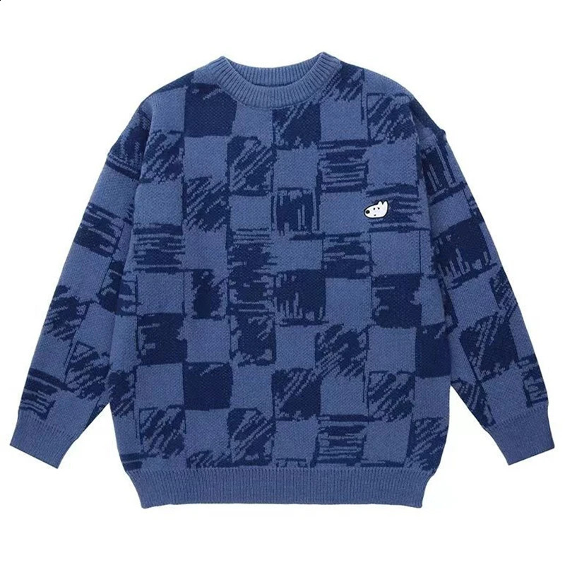 Japanese Plaid Sweater Winter Men Cartoon Embroidery Harajuku Knit Pullover Jumper Oversize Y2k Vintage Women Knitwears 240827