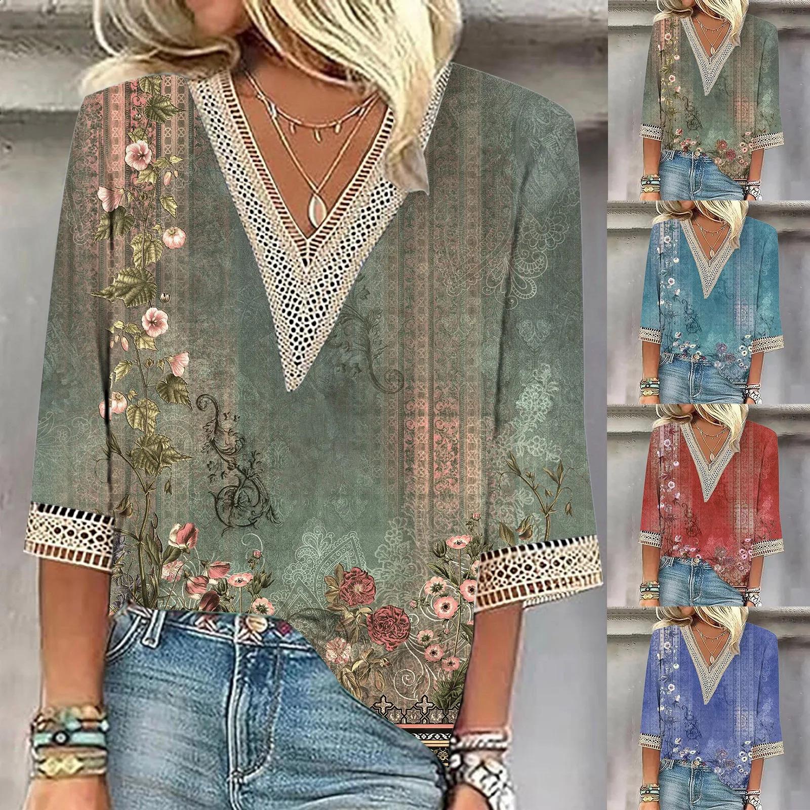 Retro elegant shirt womens floral pattern top casual V-neck shirt loose one-third sleeve shirt blue Verano 2024 unprinted good product 240828