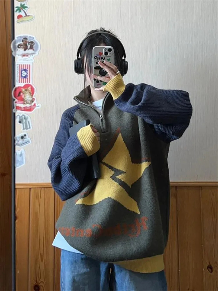 Houzhou vintage patchwork femmes pulls y2k style surdimensionné japonais tricoté pull rétro harajuku cavalier de fermeture à glissière esthétique