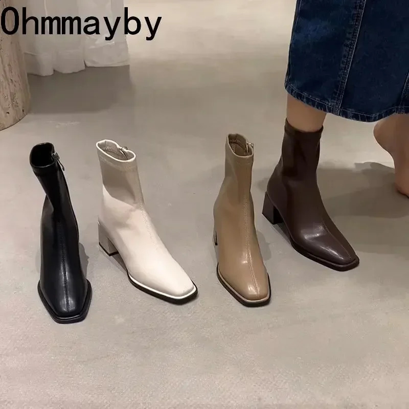 Automne Hiver Design Talon cheville Boot Fashion Square Toe Toe Boot Ladies Casual Chelsea Boots Chaussures en cuir doux Courte courte 240826