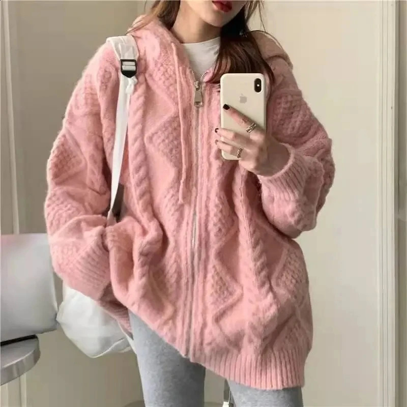 Gidyq Korean Knit Cardigan Hooded Women Fashion Winter Casual Loose Zipper Thick Sweater All Match Female Streetwear Coats 240828