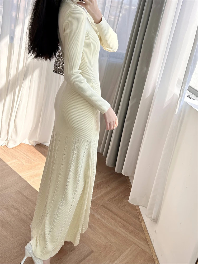 Womens dress beige lace round neck long sleeved metal buckle elastic slim knit French Elegance S Home~ 240827