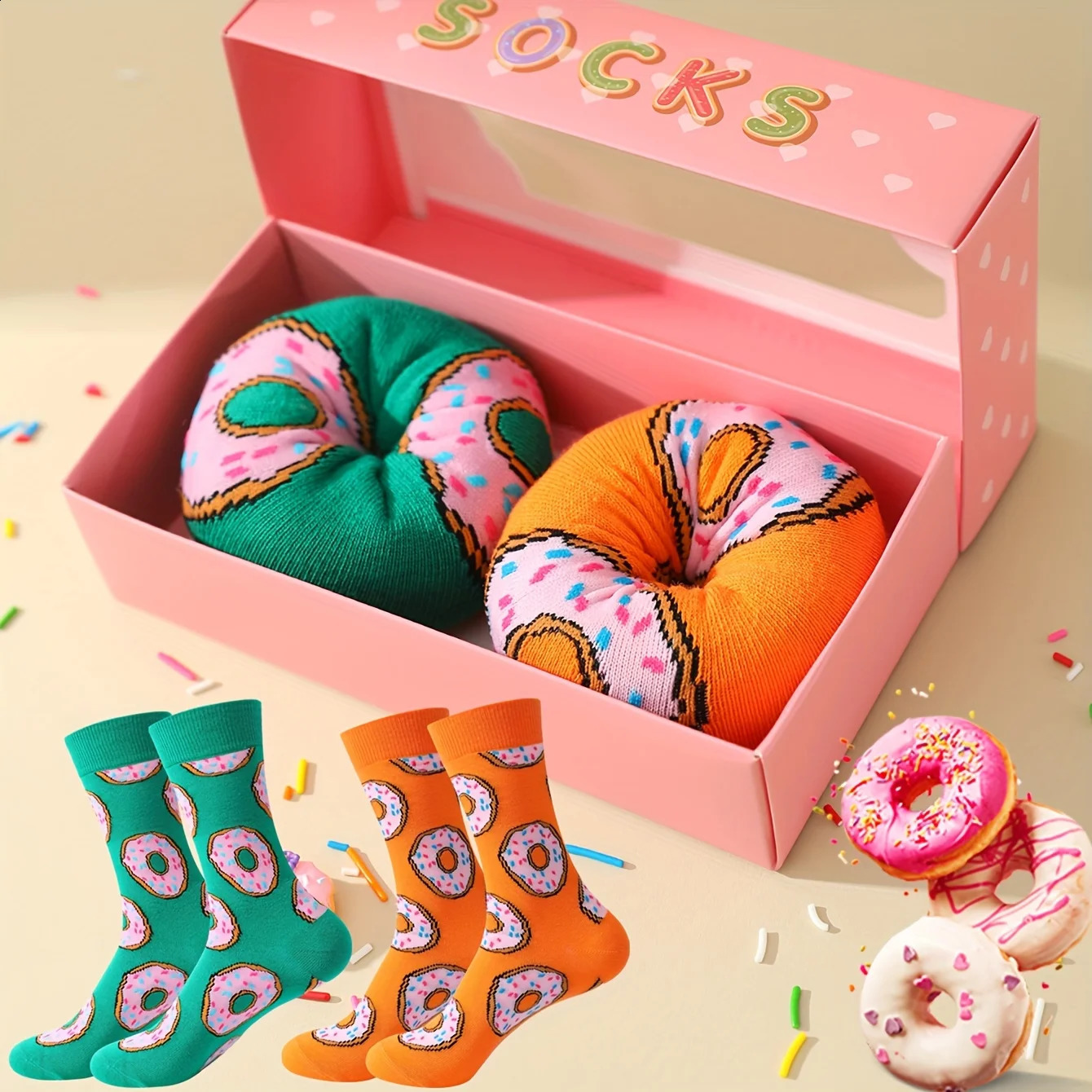 Deux paires de romans beignets colorés chaussettes à la mode quatre saisons adaptées aux cadeaux de Noël de la Saint-Valentin à Halloween 240827