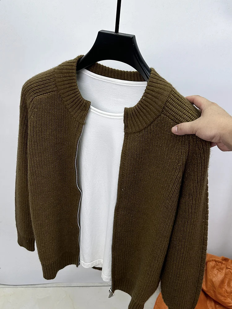 Winter thick mens double zipper solid color versatile stand up collar cardigan sweater warm knit highend trendy jacket 240827
