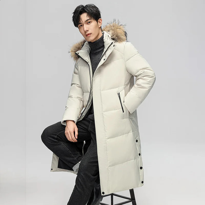 Autumn Winter Long Men Windproof Down Jacket Coats Mens Warm White Duck Hooded Parkas Multi Pockets Overcoat Male 240828