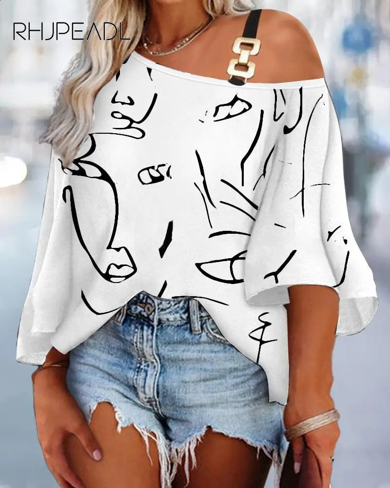 Summer Sexy Off Shoulder Womens Shirt Top Half Sleeve Fashionable Printed Casual Loose Top Fashionable Street Clothing 240828