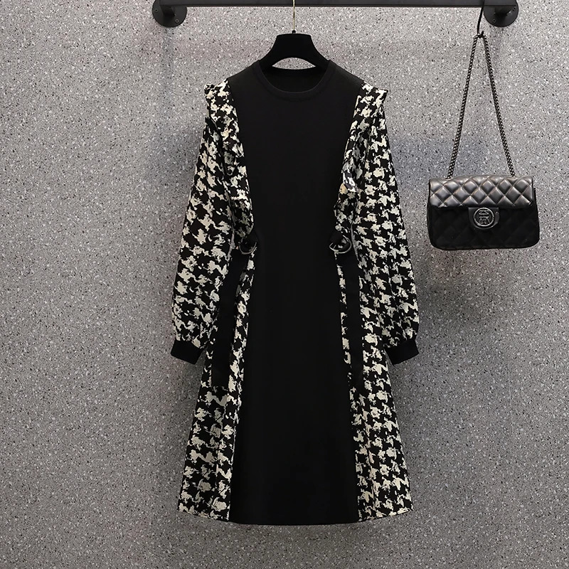Fashion Knitted Womens Dress Vestido Long Sleeve O-Neck Patchwork Ruffle Chiffon Dress Elegant Retro Sweater Dress Robe 240827