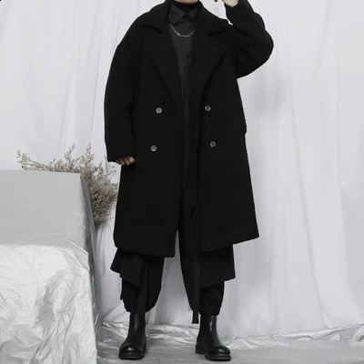 Mens Black Long Sleeve Coat Fashion Simple Knee Length Coat Cashmere Double Breasted Loose Wool Coat Large Personality 240827