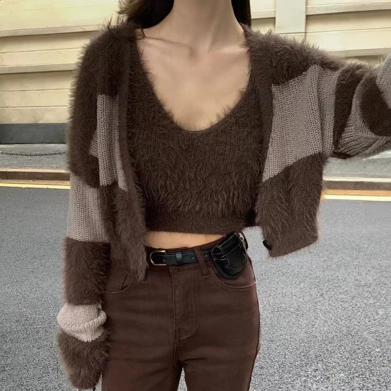 Cardigan tricoté flou Set Cami Top Top à manches longues à manches longues Front Pull Cropped Veste Femme Teengirl Acubi Y2K tenue 240828