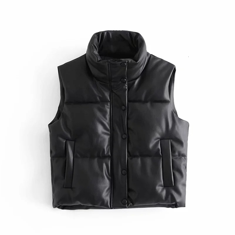 Autumn Winter PU Leather Coat Women Black Stand Collar Vest Fashion Zipper Elegant Short Vests Female Ladies y240827