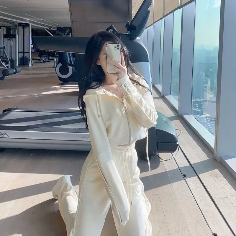Womens Tracksuit Set Sports Leisure Sweater Suit Trend Fashion Solid Hooded Korean Loose Slim Two-Piece Sportswear 240827
