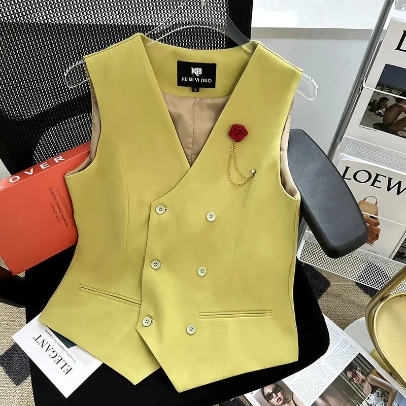 Summer V-neck Womens Thin Loose Tank Top Double Chest Sleeveless Jacket Womens Ultra Thin Short Tank Top Womens Slim Button 240827