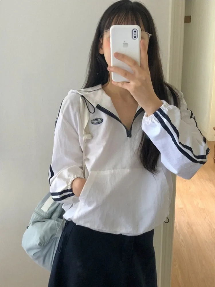 HOUZHOU Y2k Vintage Streetwear Hoodies Women Korean Style Preppy Style Hiphop Striped Patchwork Zipper Hooded Sweatshirt 240827