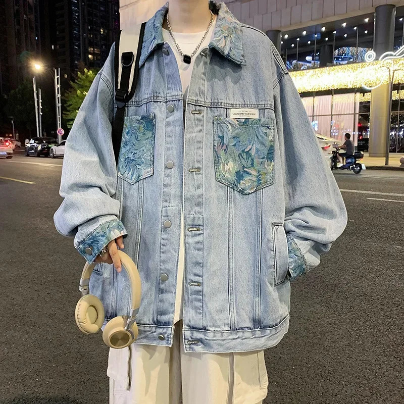 Hong Kong Style Color Blocking Vintage Huile Painting Imprimée en denim Veste Men Spring Automne Punk Rock Fit Trendy End Feel Veste 240828