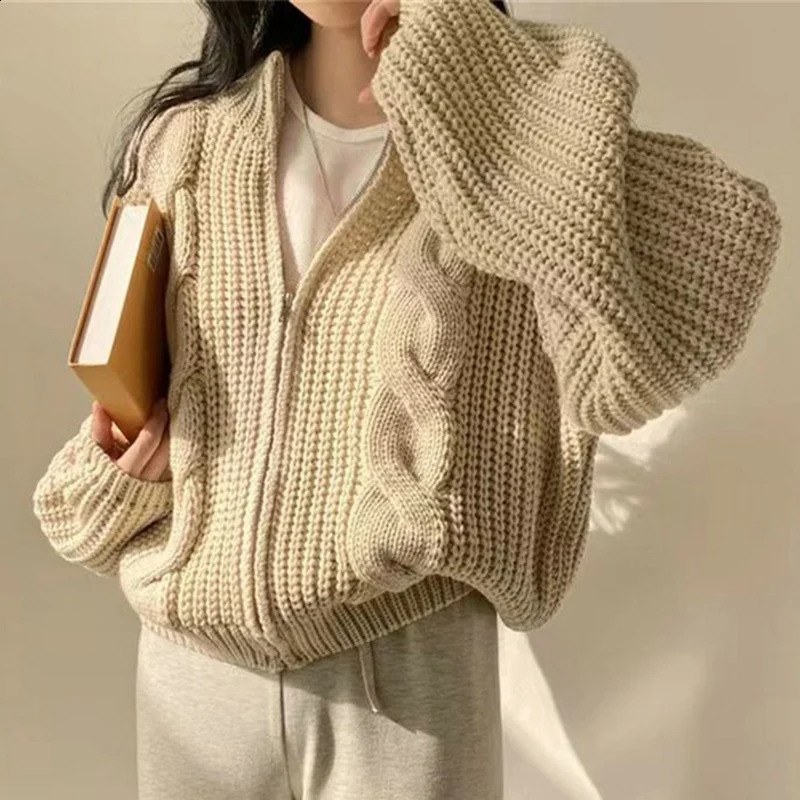 Rimocy Chic Zipper Up Knitted Cardigan Women Autumn Winter Solid Color Twisted Sweater Woman Wild Long Sleeve Jumper Coats Mujer 240828