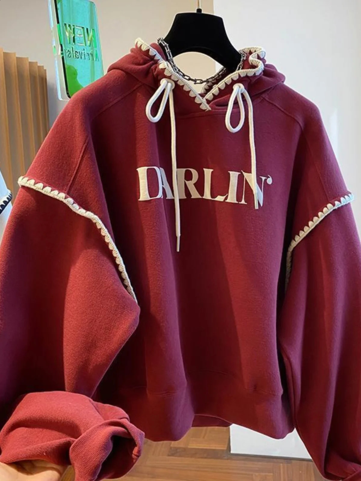 Red Hooded Women Clothing Vintage Street Sweatshirt Hiphop Y2K Letter Printing Pullover Long Sleeves Warm Oversize Ladies Tops 240827