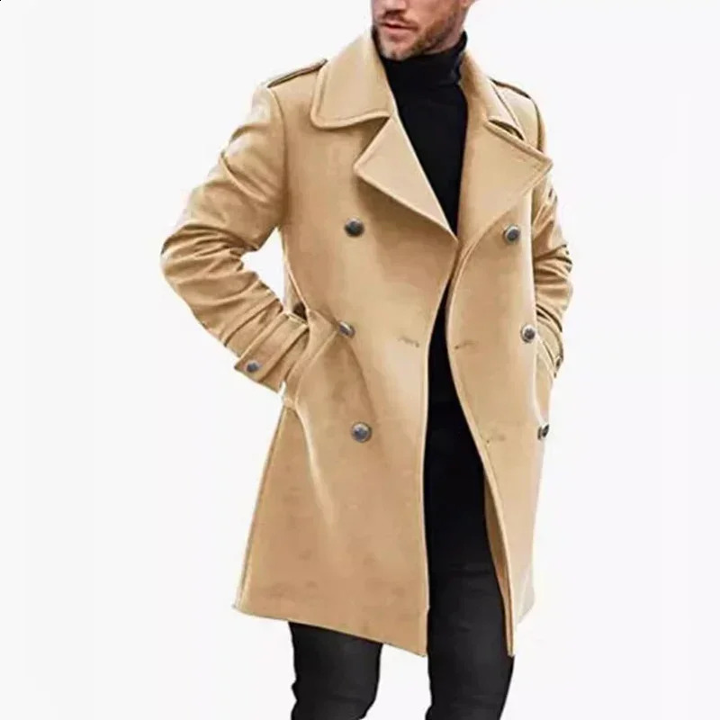 Vintage Lapel Double Breasted Wool Windbreaker Men Spring Fashion Solid Color Loose Long Woolen Coat For Mens Trendy Overcoats 240827