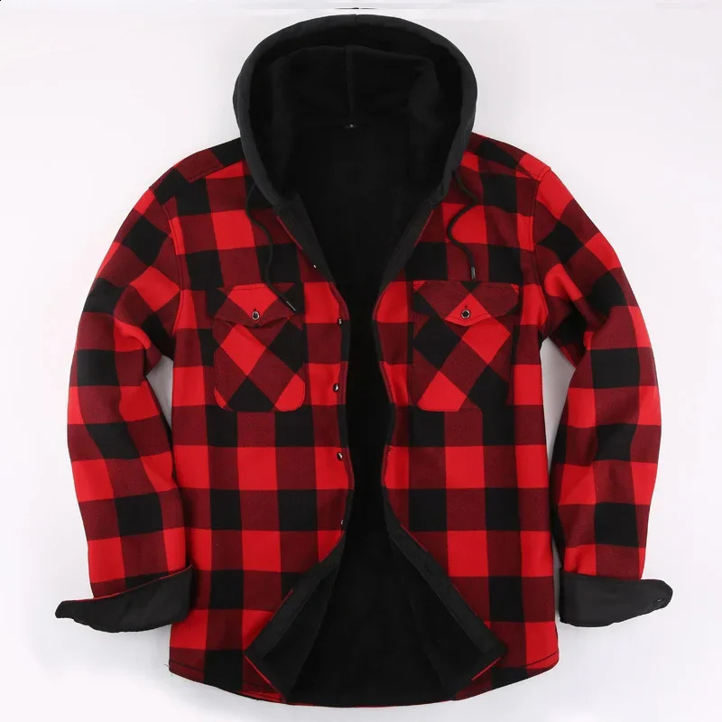 Mens warm plaid shirt hooded autumn/winter wool lining thick top long sleeved exterior 240828
