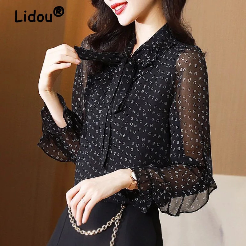 Elegant Womens Black Chiffon Shirt Office Womens Bow Gauze Retro Shirt Womens Spring Long Sleeve Printed Fashion Zipper 240828
