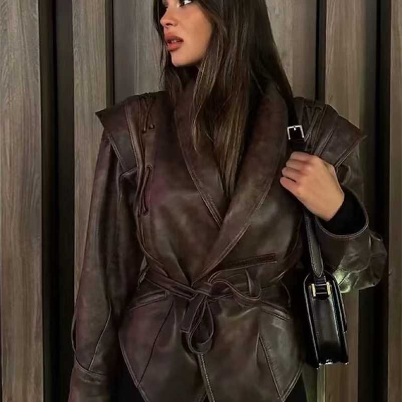 2024 Pu Motorcycle Coat Artificial Leather Jacket Womens Autumn and Winter Fashion Retro V-neck Womens Street Casual Womens Clothing 240827 ww
