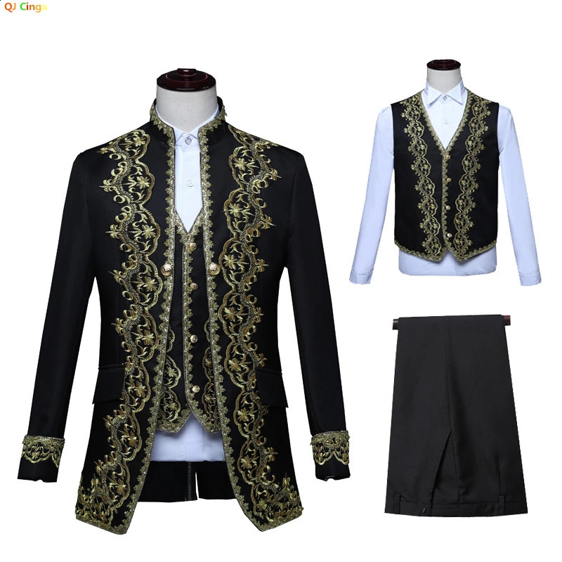 European gold retro tailcoat mens 3-piece set black white opera stage performance costumes sizes S M L XXL 3XL 4XL 240828