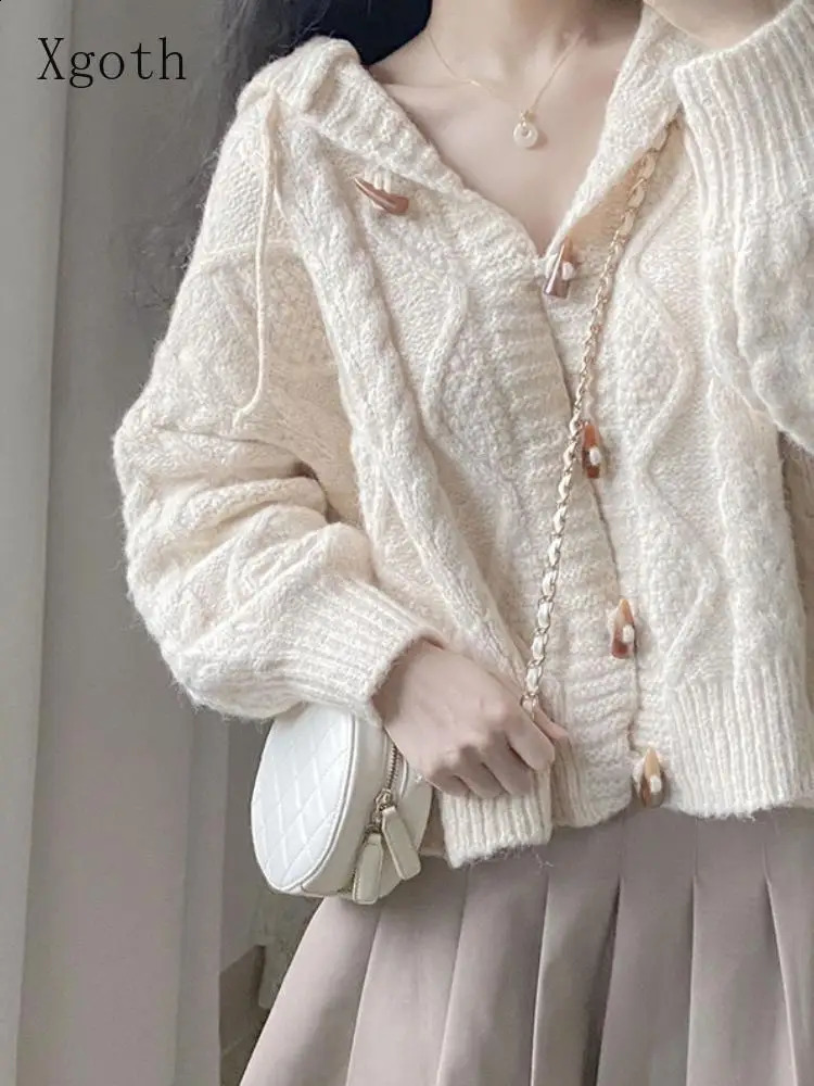 Spring and Autumn Horn-button Hooded Knit Sweater Coat Women Loose Outside Crop Top Gentle Soft Preppy Style White Cardigan 240828