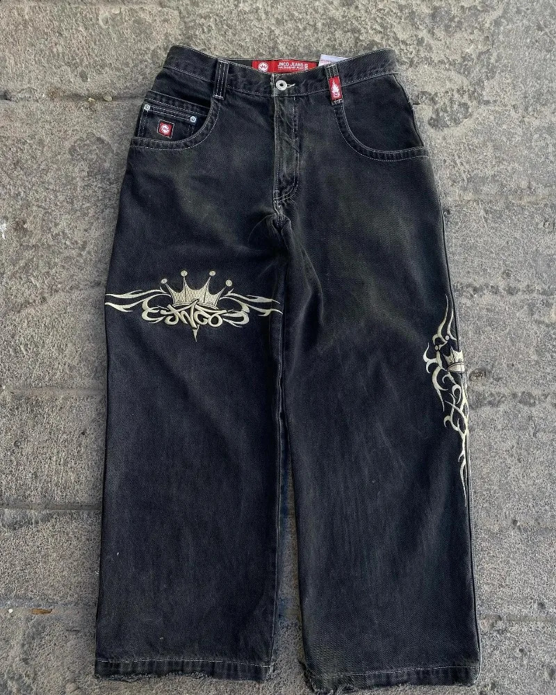 Y2K jeans women Harajuku retro hip-hop embroidered luggage jeans black pants Gothic high waist wide Trouser streetwear 240827