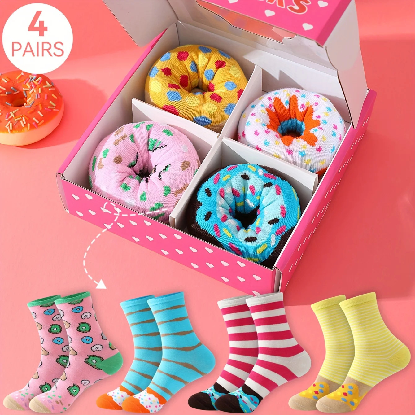 Quatre doubles chaussettes de motif de beignet intéressantes colorées quatre saisons adaptées aux cadeaux de la Saint-Valentin de Noël d'Hallowee