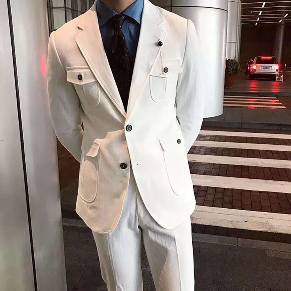 white mens tool kit 2-piece ultra-thin suitable for weddings grooms evening dresses recessed lapel clothing mens jacket set 240828