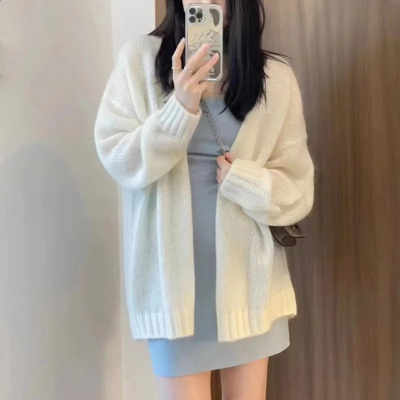 Women Cardigan Sweater Coat Casual Loose Knitted Solid Coat Lantern Sleeve Sweet white Overcoat For Women top Autumn Winter 240828
