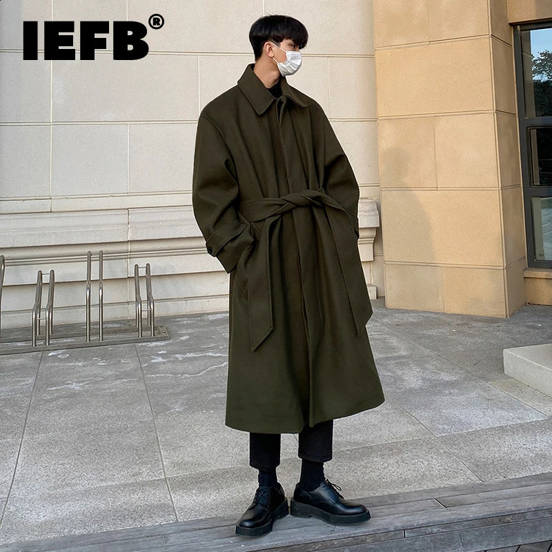 IEFB Tweed Overcoat Mens Autumn Winter Long Coat Loose Knee-length Korean British Thickened Belted Woolen Jacket D1221 240827