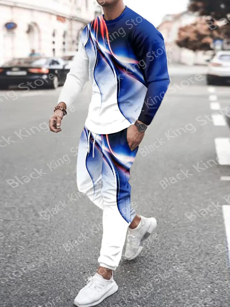 Autumn and winter mens sportswear 3D printed long sleeved T-shirt set casual two-piece set mens oversized mens pants set 240827