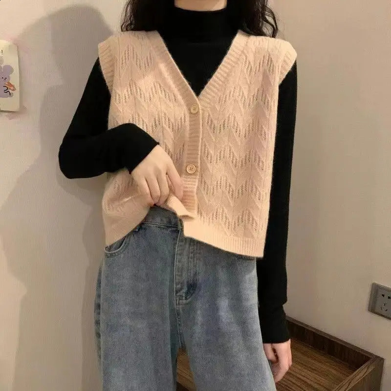 Autumn and Winter Threaded V-neck Knitted Sleeveless Button Womens Clothing Open Skirt Coat Casual Elegant Vest Sweet Top 240827